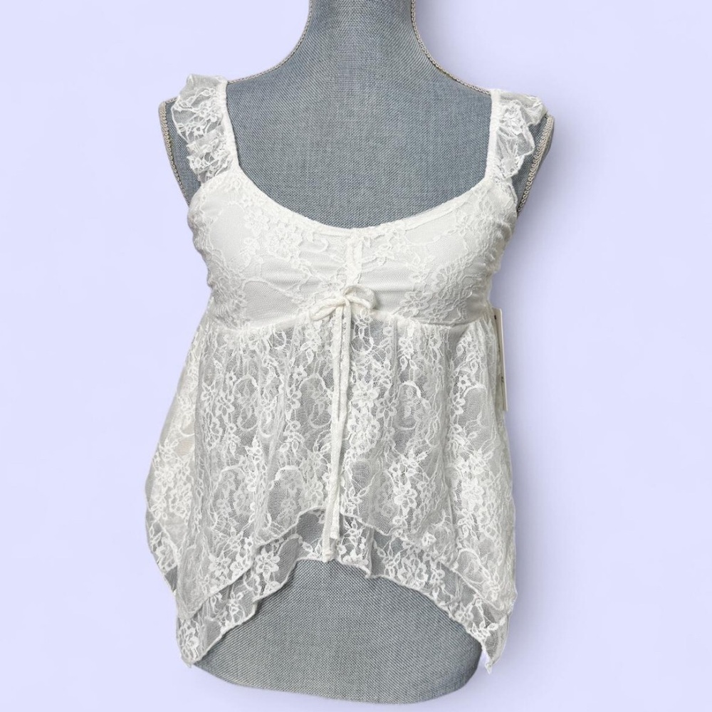 Y2K Angel White Semi-Sheer Babydoll Lace Cami Top Coquette Fairy Boho Romantic M